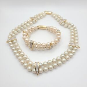 Vintage Nina Ricci Faux Pearl Necklace Bracelet Set Signed Rhinestone